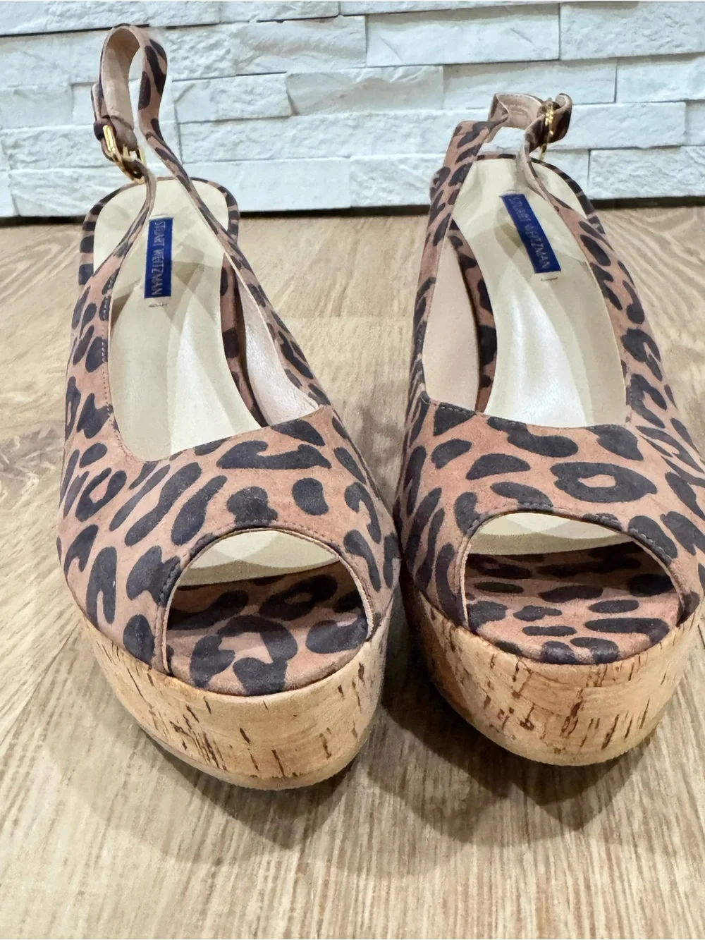 Stuart Weitzman Leopard Print Cork Wedge Slingback Sandals NWOT Women’s 10.5M